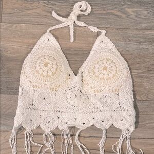 White Crochet Halter Top with Fringe